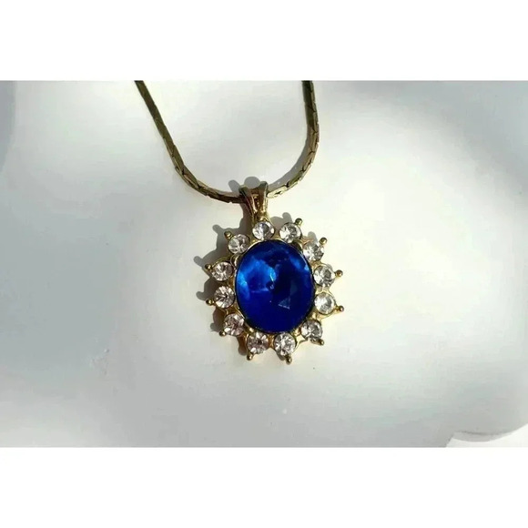 Blue Sapphire Cubic Zirconia Gold Toned Vintage Oval Pendant Necklace - 18" - Picture 2 of 7